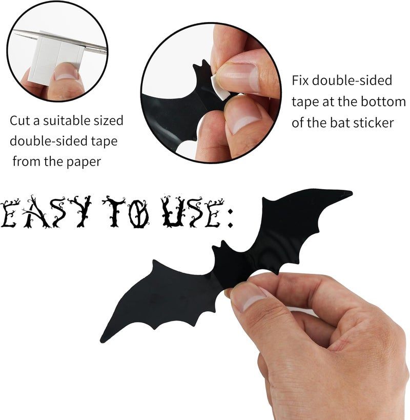 Bobobag 120 Pcs 3D Bats Halloween Decorations,Halloween Wall Decor 4 Sizes Black Bats Sticker for Wall Window - Image 3